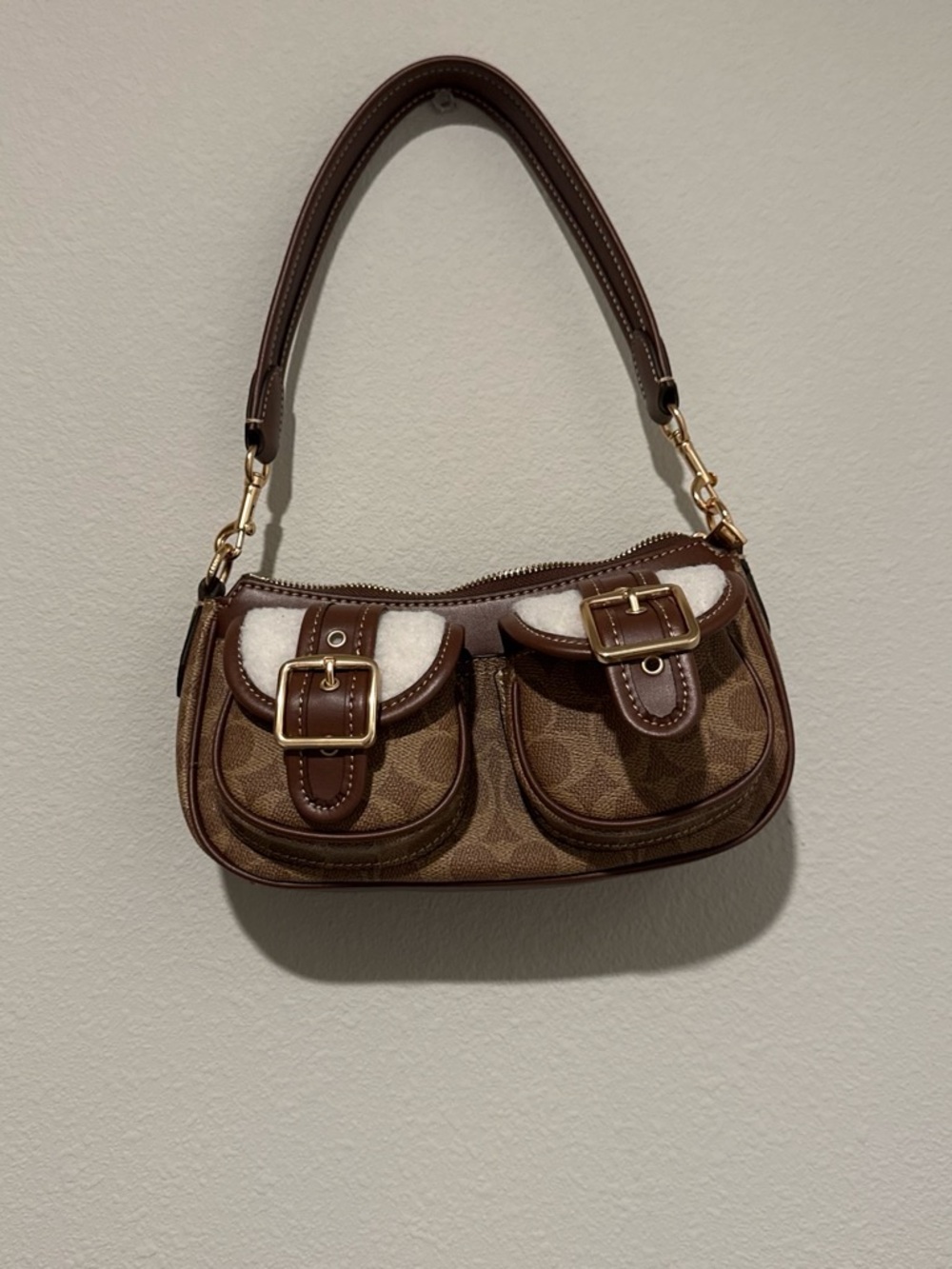 Coach Brown Signature Canvas Shoulder Bag with Dark Brown Leather Trim